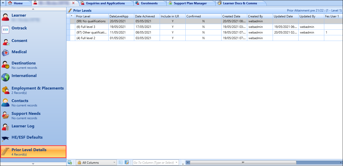 Prior Level Details tab